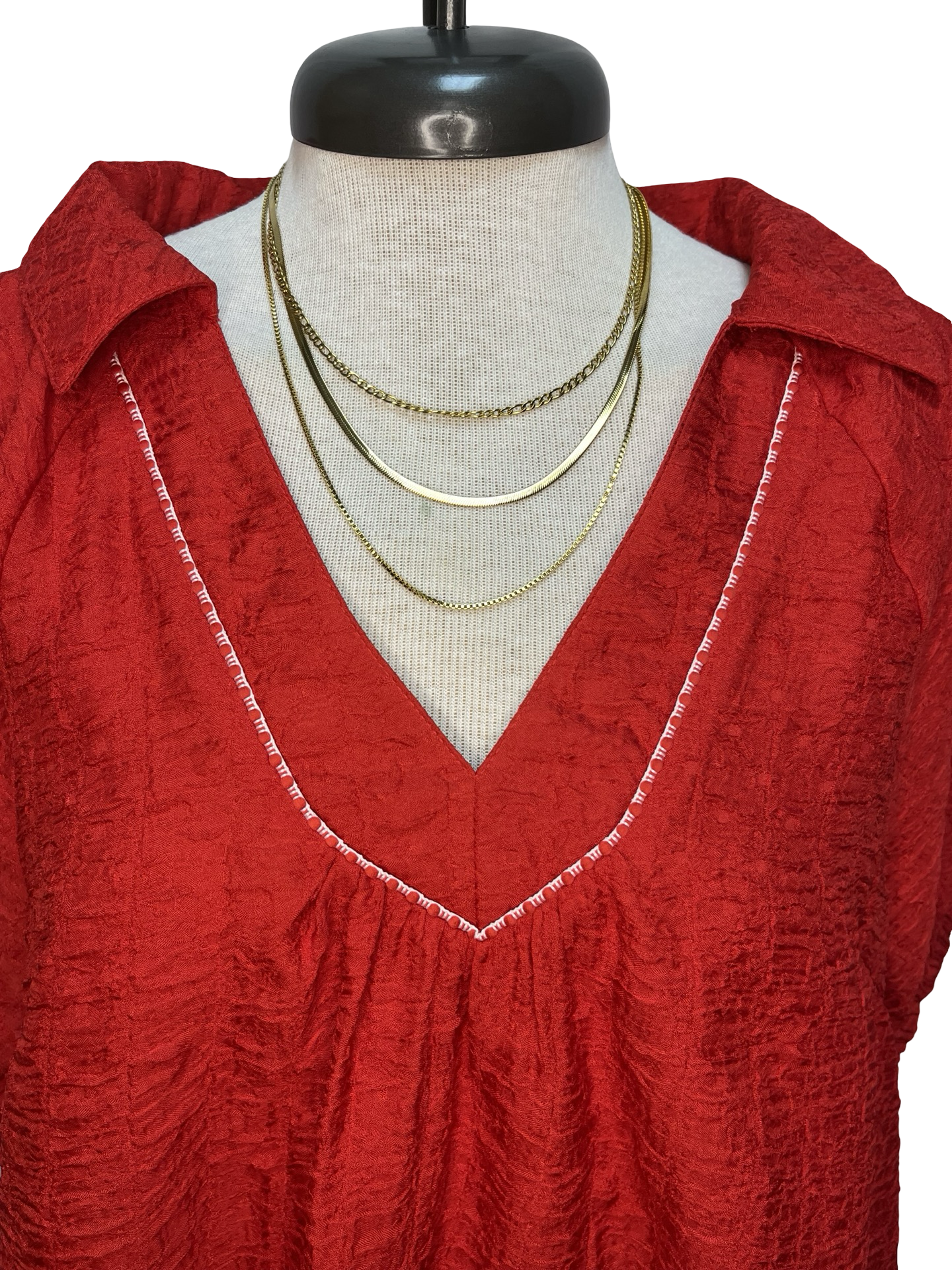 Textured V-Neck Short Sleeve Top Red