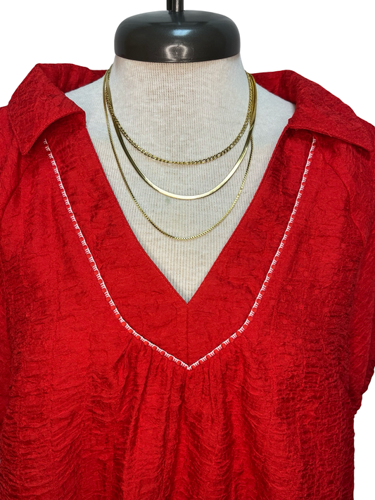 Textured V-Neck Short Sleeve Top Red