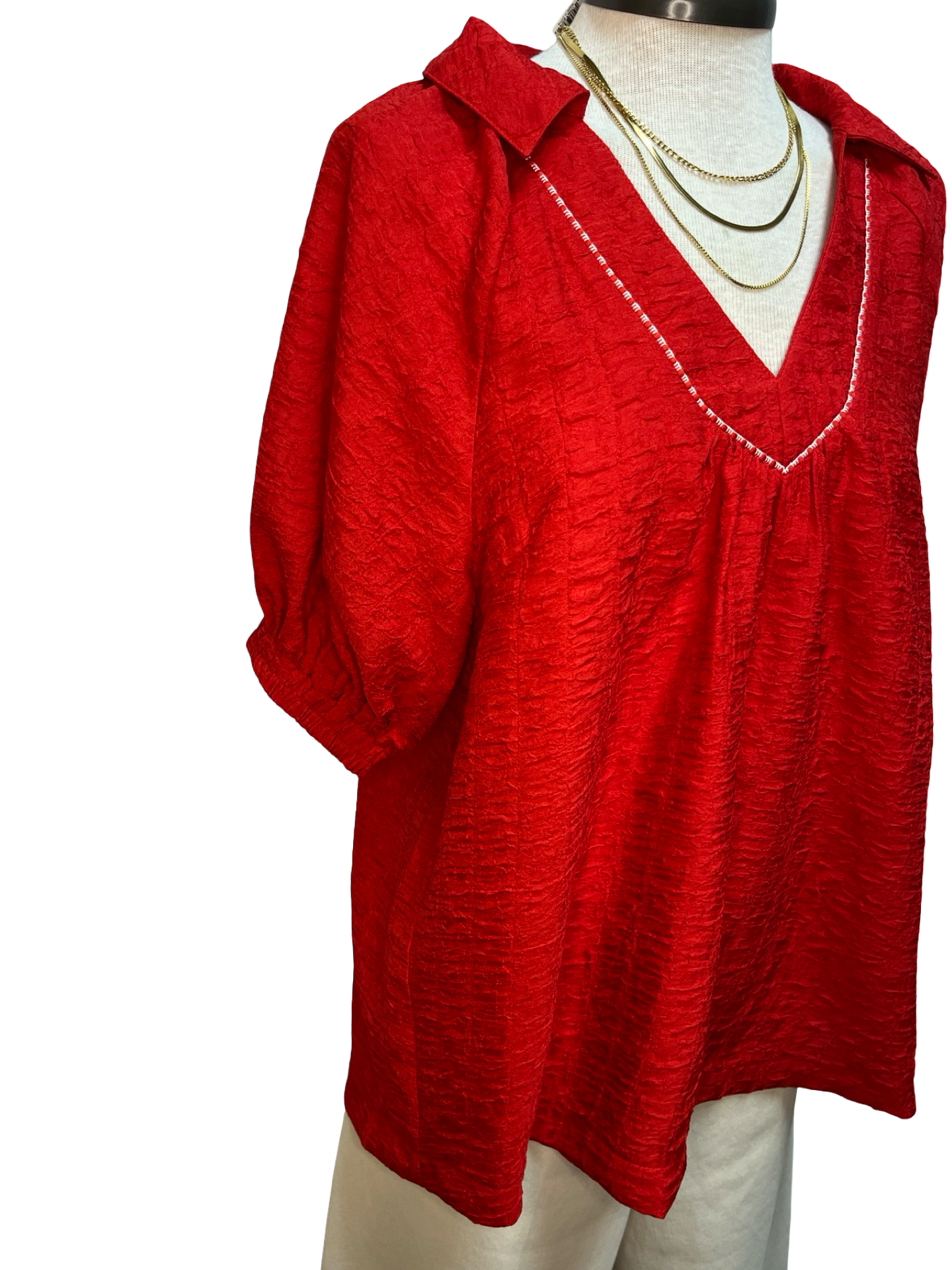 Textured V-Neck Short Sleeve Top Red