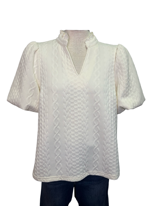 Bubble Short Sleeve Textured Knit Top Cream