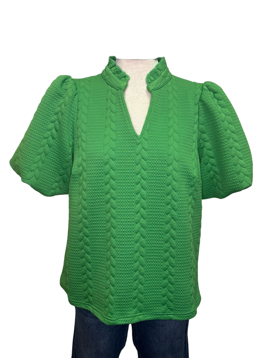 Bubble Short Sleeve Textured Knit Top Green