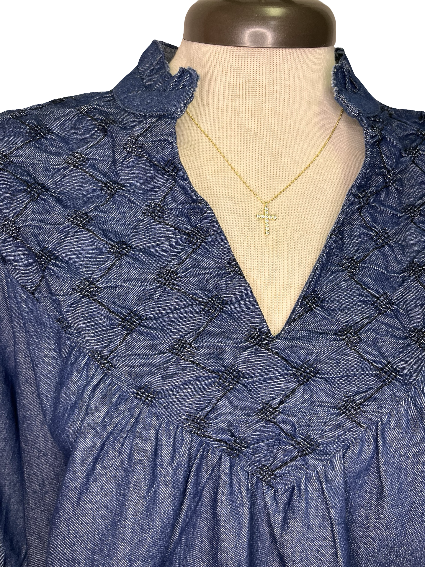 Diamond Textured Yoke Top Blue Denim