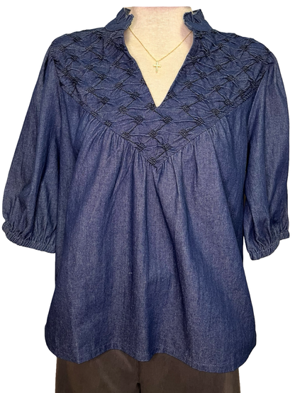 Diamond Textured Yoke Top Blue Denim