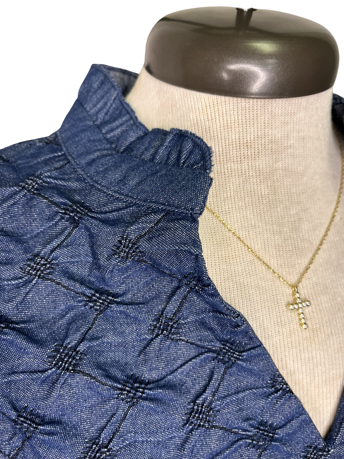 Diamond Textured Yoke Top Blue Denim