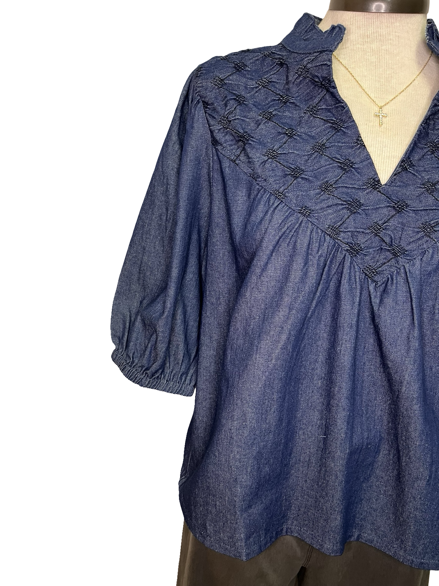 Diamond Textured Yoke Top Blue Denim