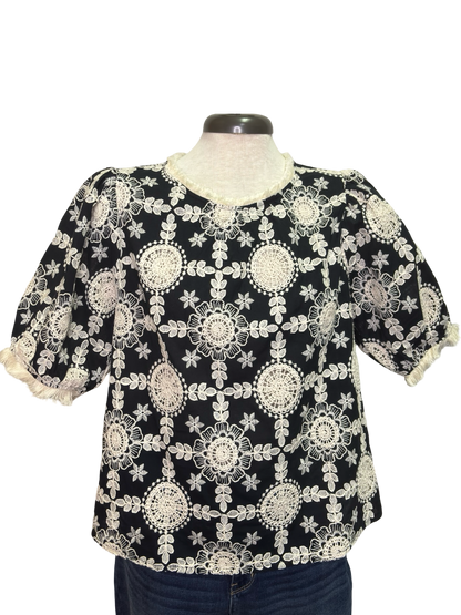 Embroidered Fringe Summer Top Black