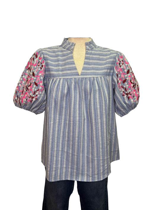 Embroidered Puff Sleeve Striped Top Blue