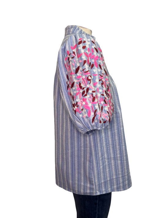 Embroidered Puff Sleeve Striped Top Blue
