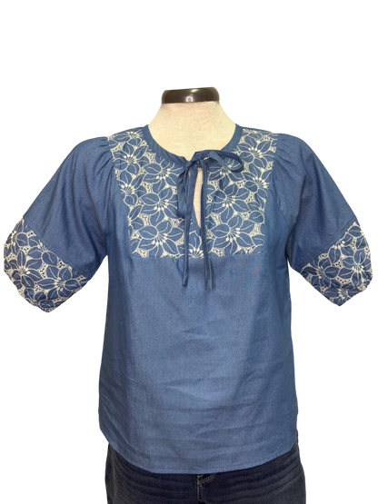 Floral Embroidery Self Tie Top Blue