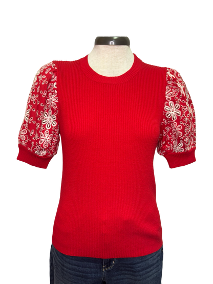 Floral Eyelet Knit Top Red