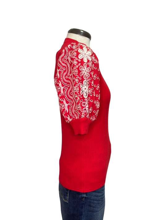 Floral Eyelet Knit Top Red