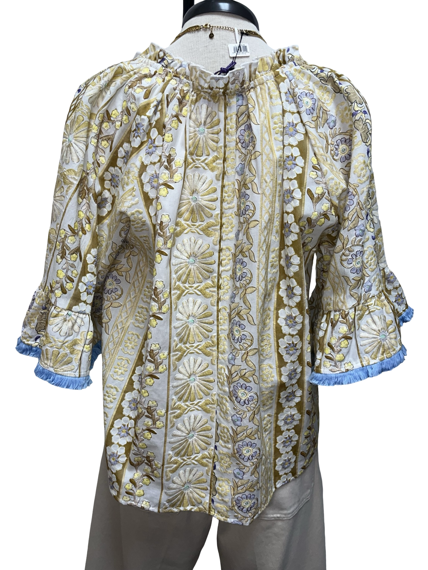 Fringed Detail Tassel Front Floral Embroidery Top Gold