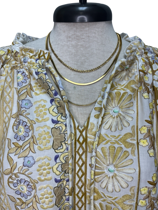 Fringed Detail Tassel Front Floral Embroidery Top Gold