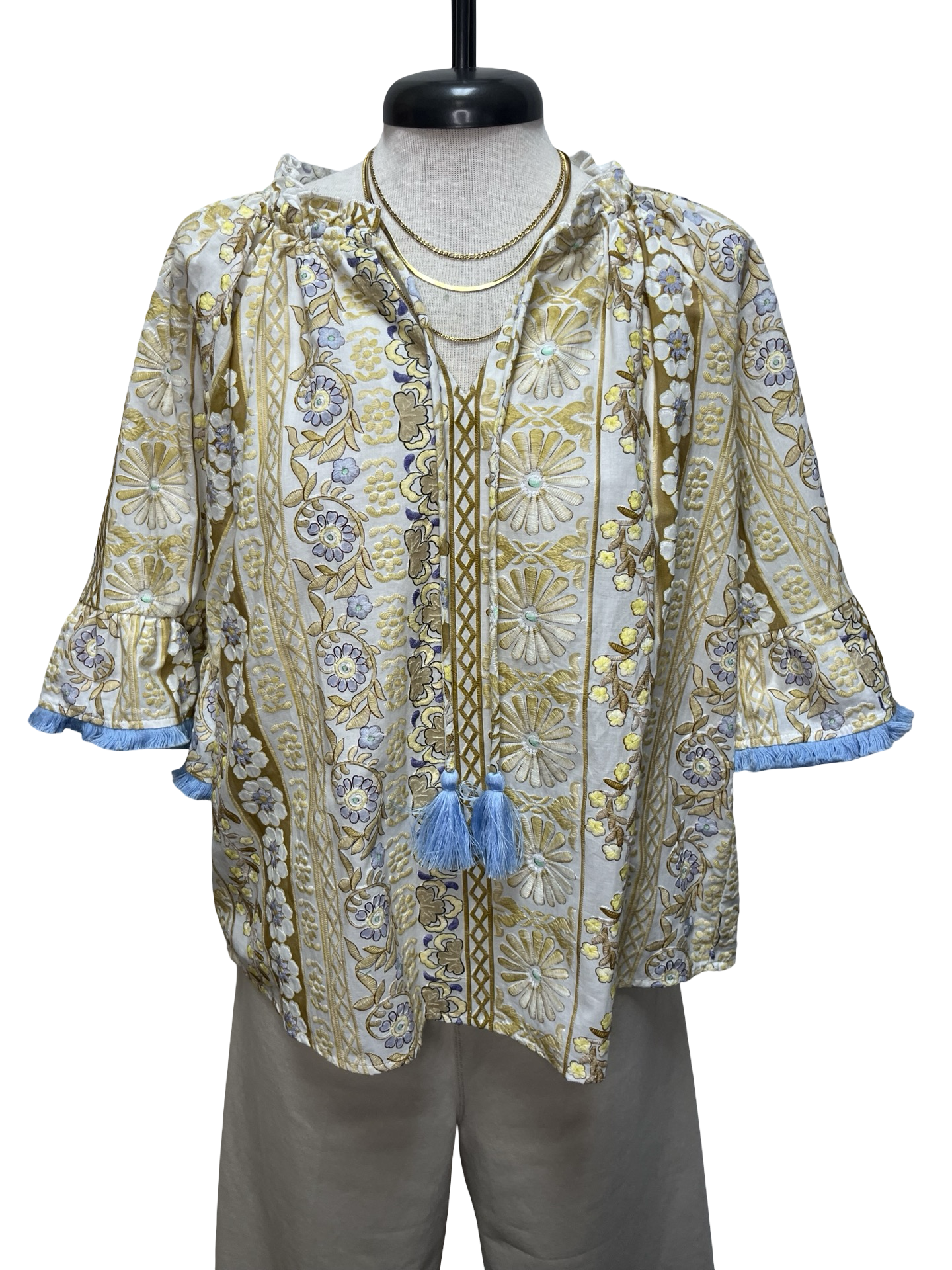 Fringed Detail Tassel Front Floral Embroidery Top Gold