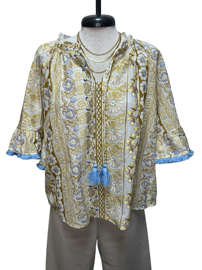 Fringed Detail Tassel Front Floral Embroidery Top Gold