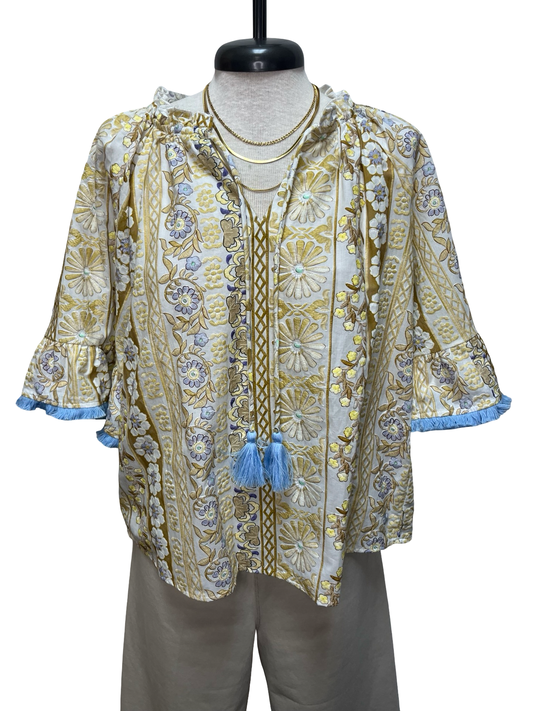Fringed Detail Tassel Front Floral Embroidery Top Gold