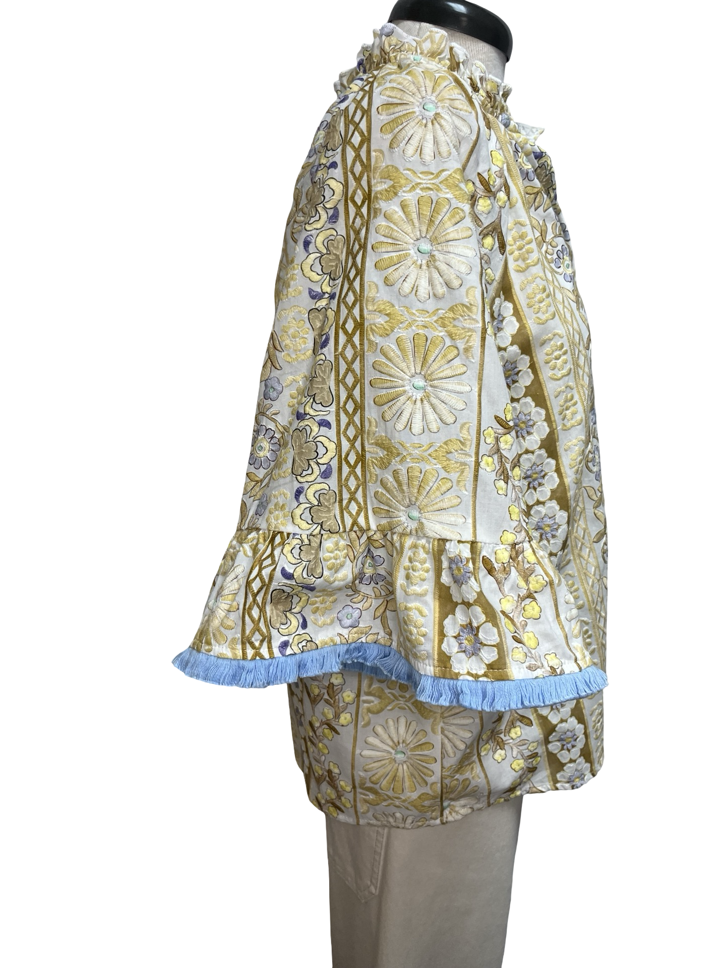 Fringed Detail Tassel Front Floral Embroidery Top Gold