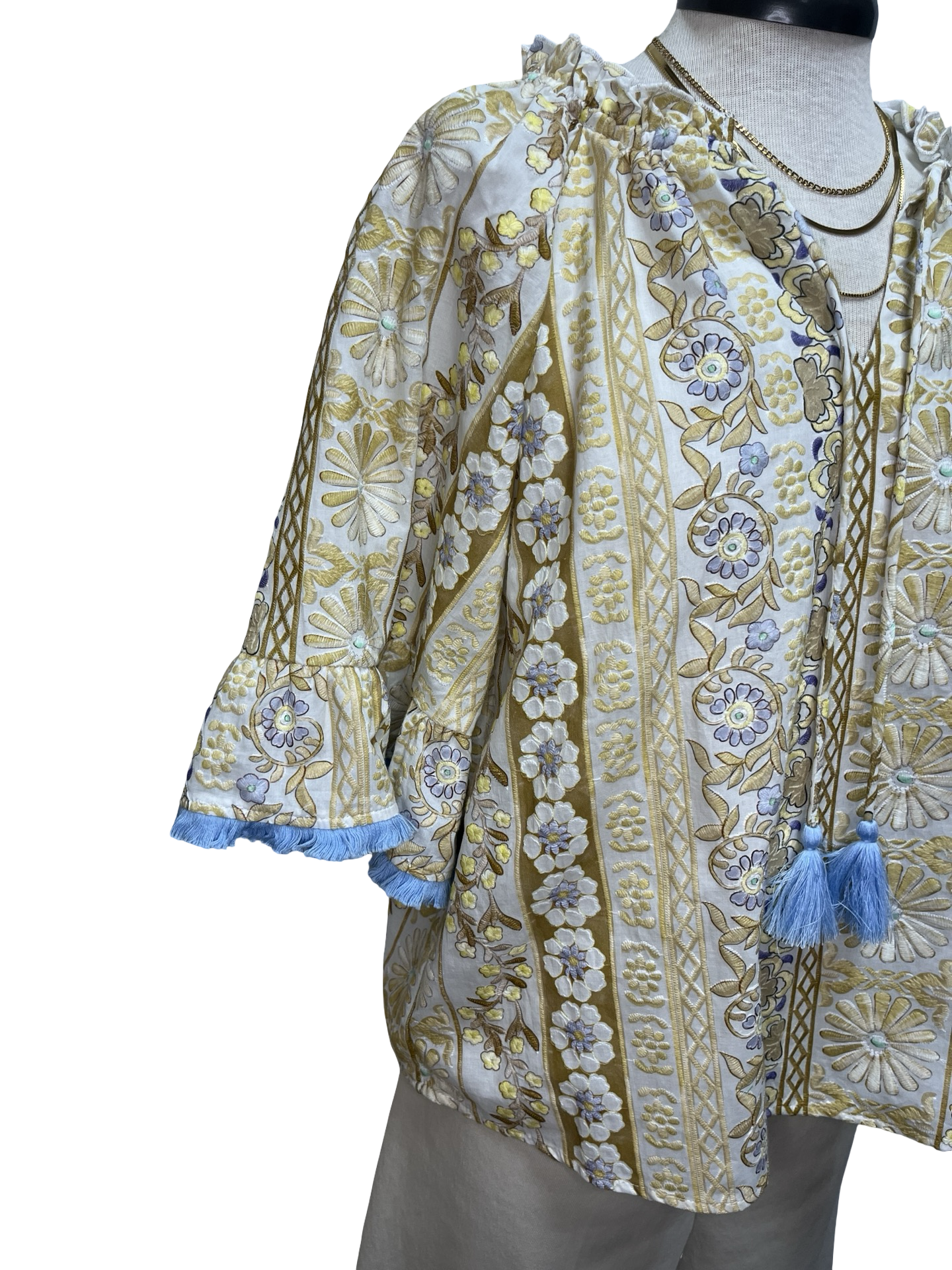 Fringed Detail Tassel Front Floral Embroidery Top Gold