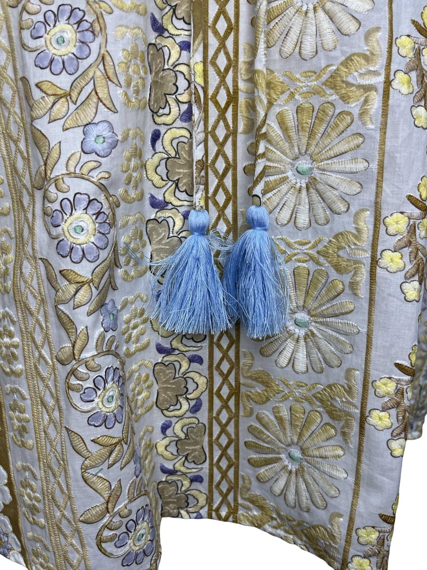 Fringed Detail Tassel Front Floral Embroidery Top Gold