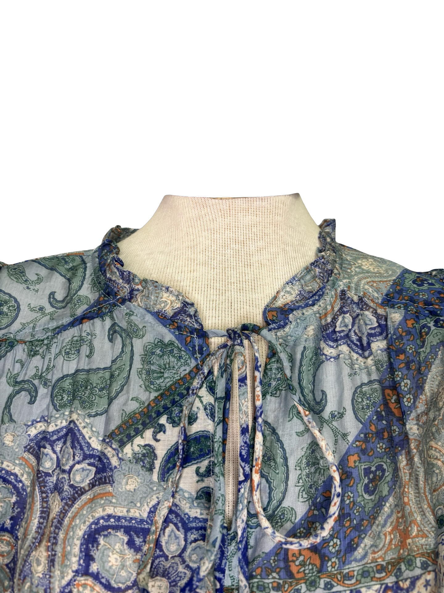 Front Self Tie Paisley Print Top Blue