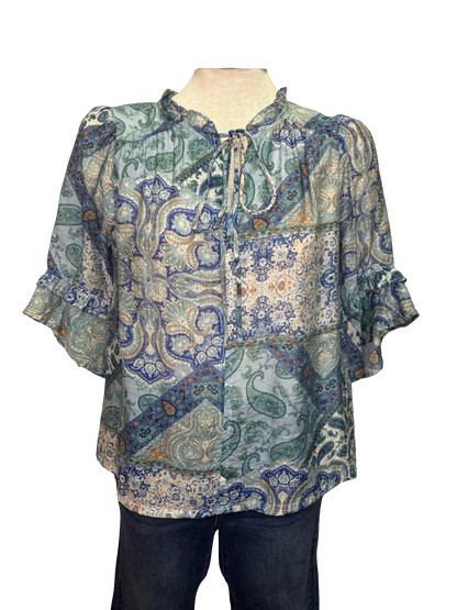 Front Self Tie Paisley Print Top Blue