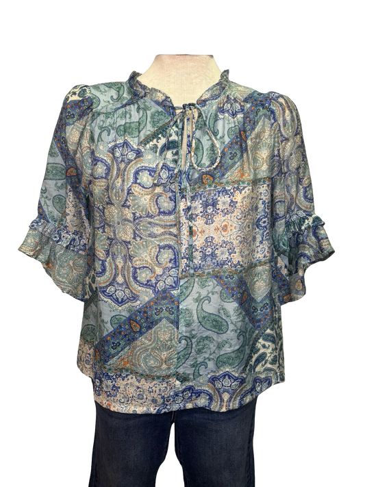 Front Self Tie Paisley Print Top Blue