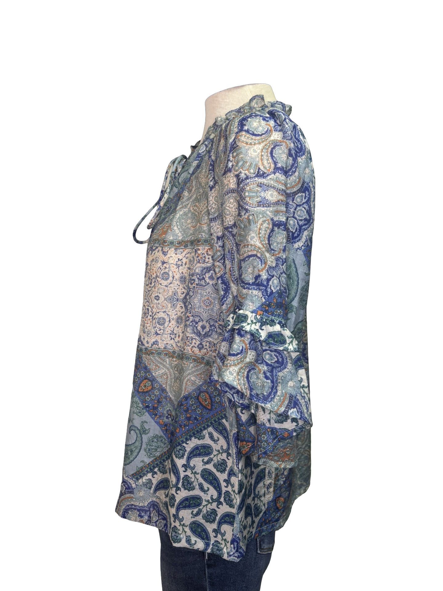 Front Self Tie Paisley Print Top Blue