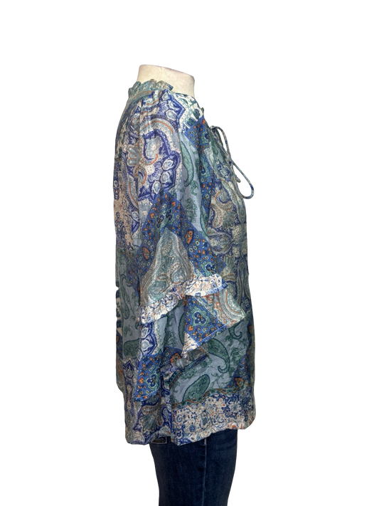 Front Self Tie Paisley Print Top Blue
