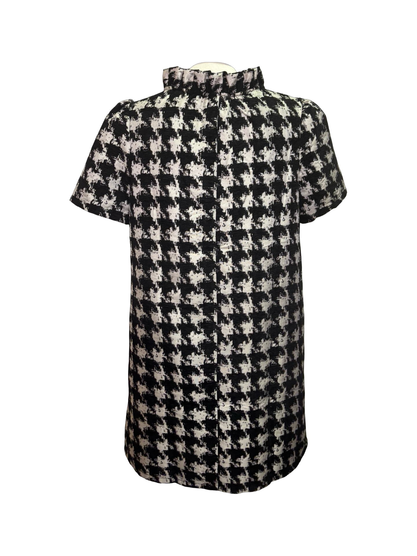 Houndstooth Ruffle V Neck Shift Dress