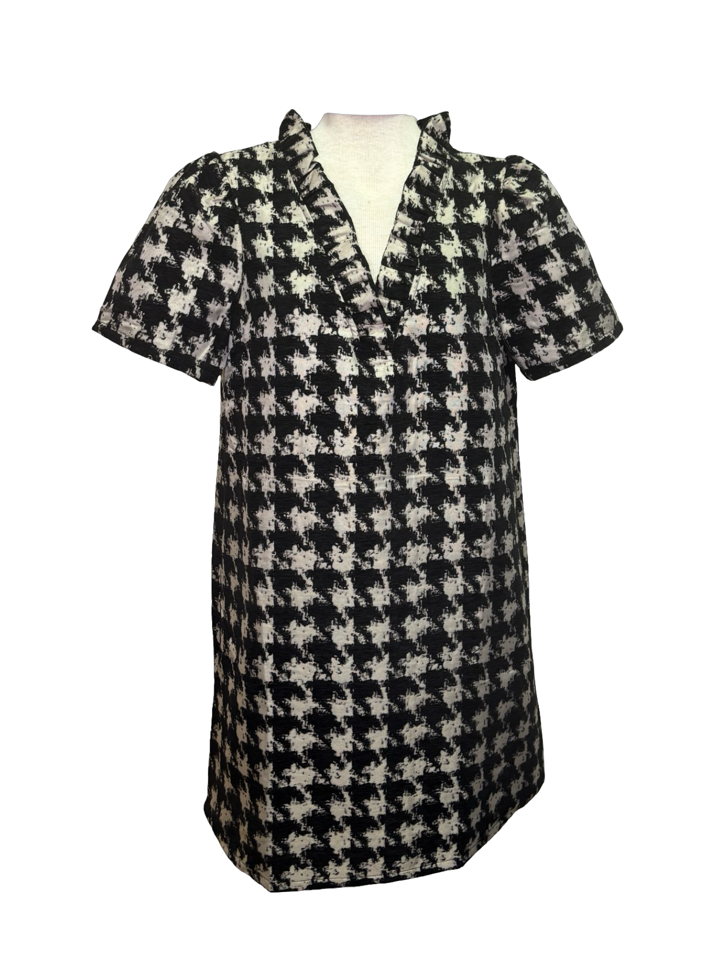 Houndstooth Ruffle V Neck Shift Dress