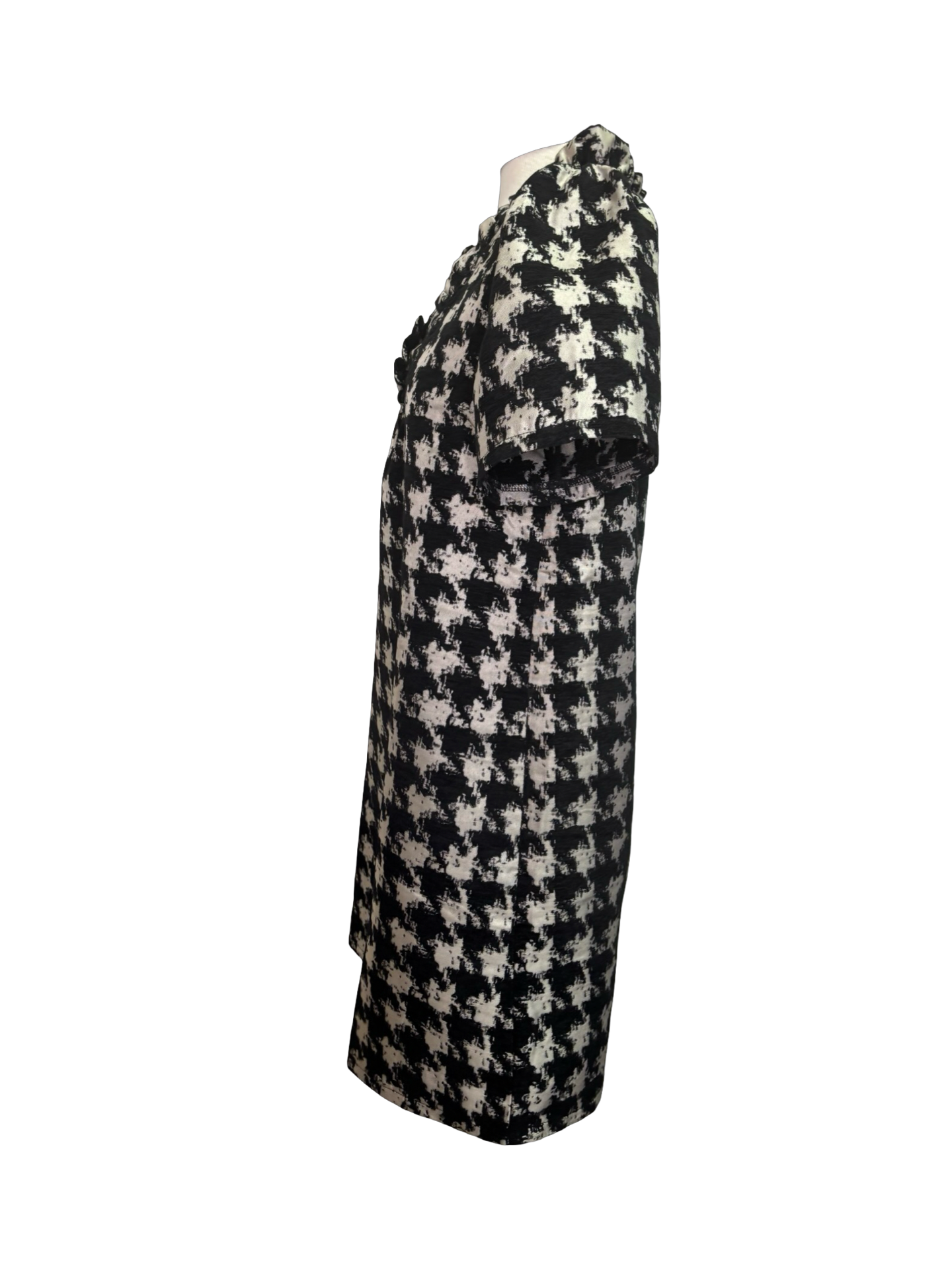 Houndstooth Ruffle V Neck Shift Dress