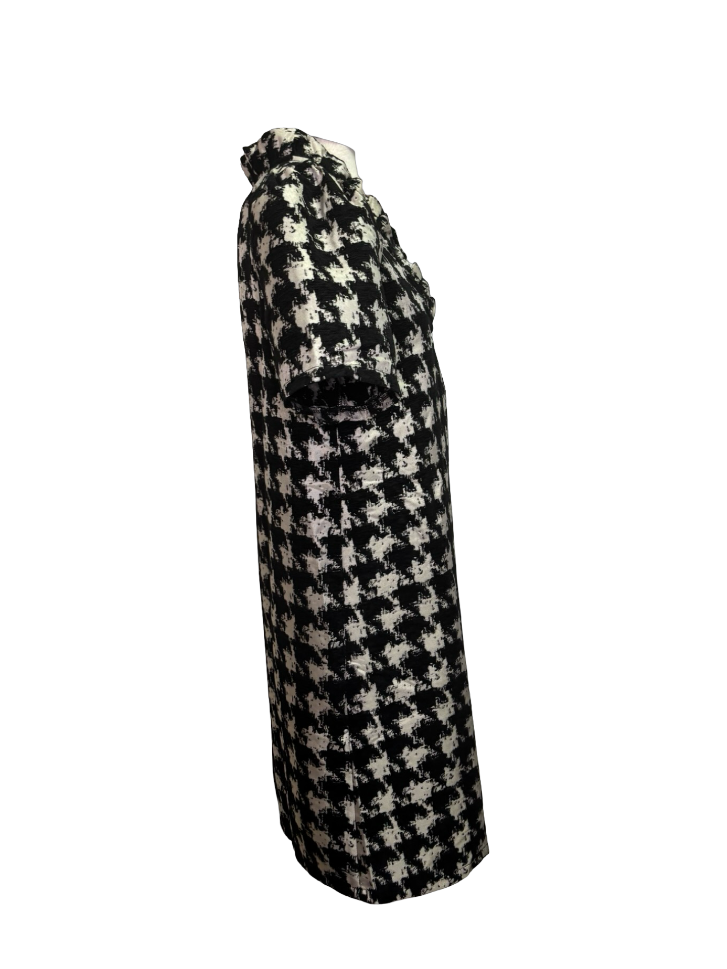 Houndstooth Ruffle V Neck Shift Dress
