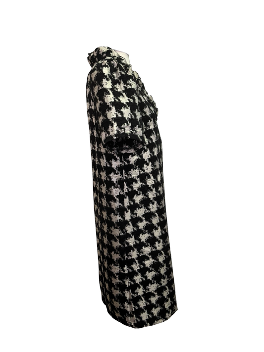 Houndstooth Ruffle V Neck Shift Dress