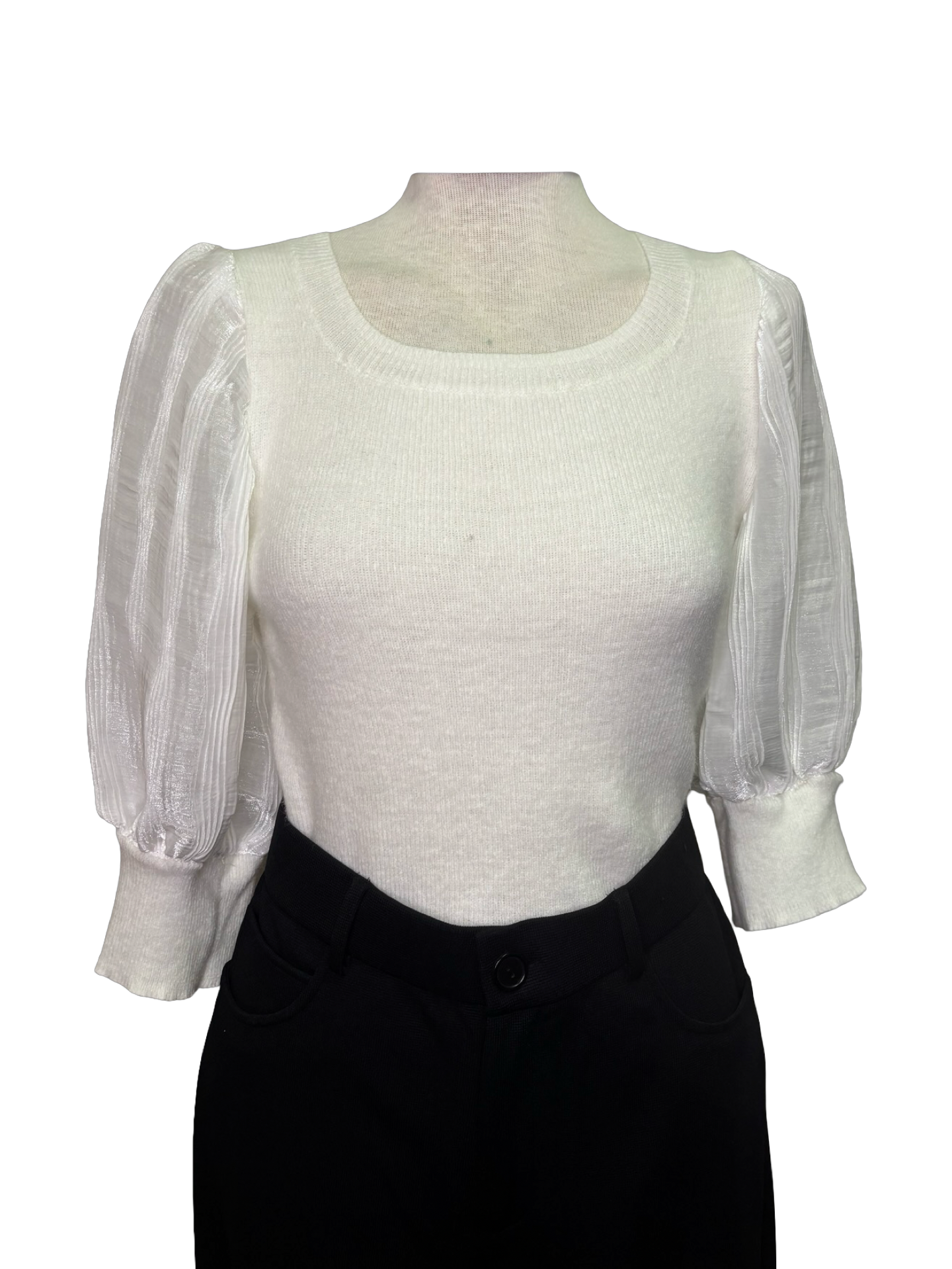 Pleated Puff Sleeve Knit Top Ivory
