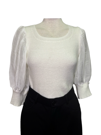 Pleated Puff Sleeve Knit Top Ivory
