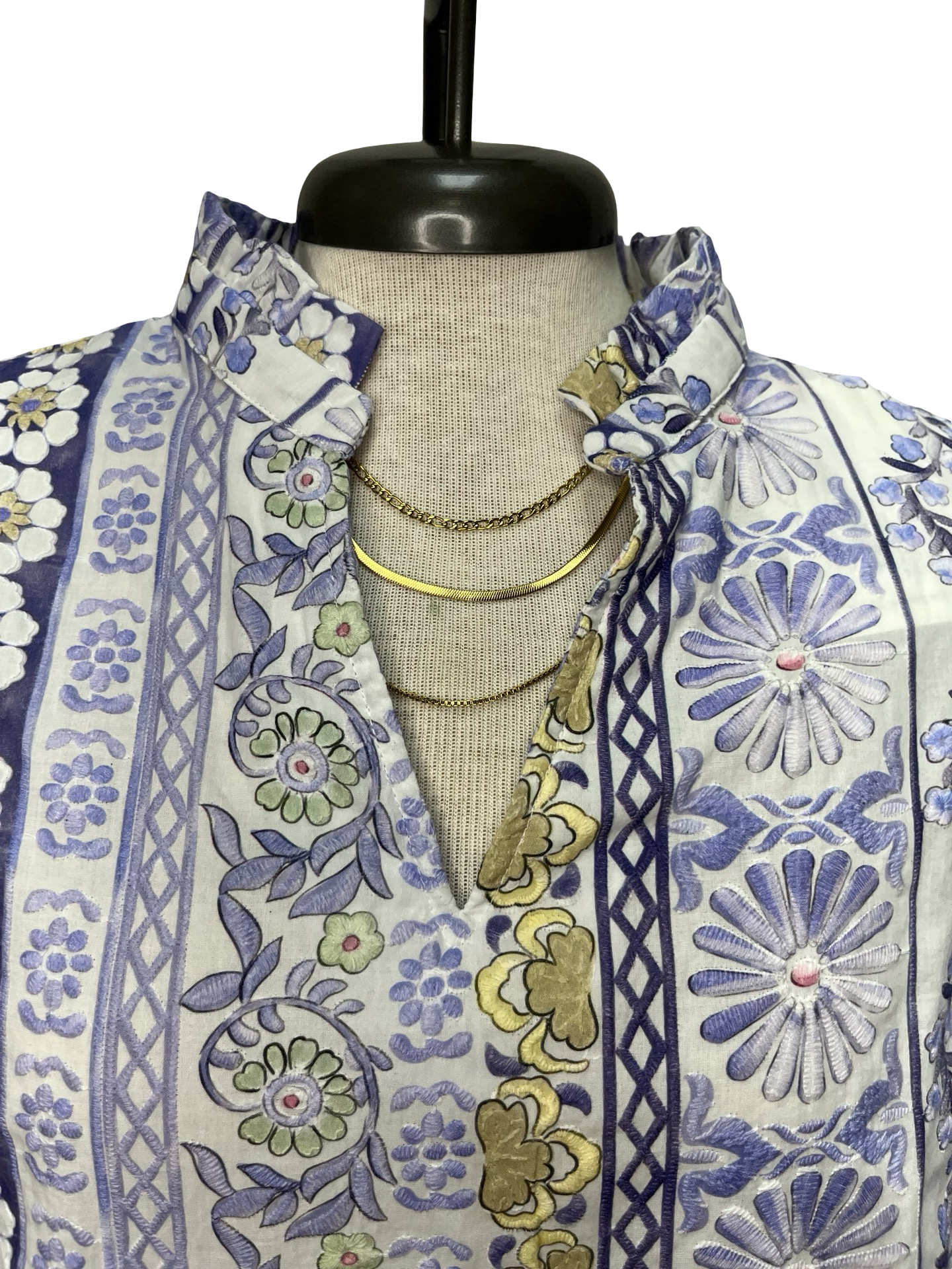 Ruffle V-Neckline Floral Print Embroidery Top Purple