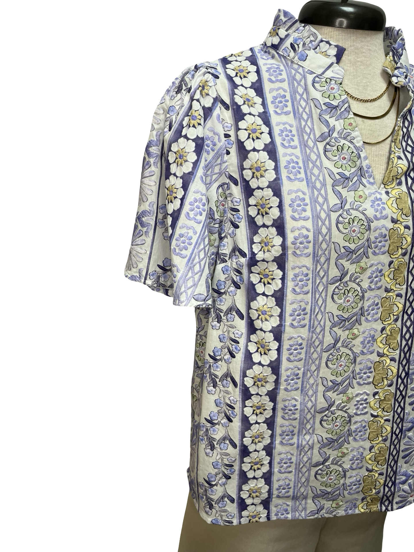 Ruffle V-Neckline Floral Print Embroidery Top Purple