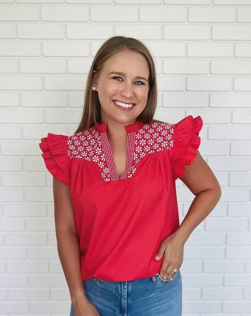 April Red Embroidered Blouse