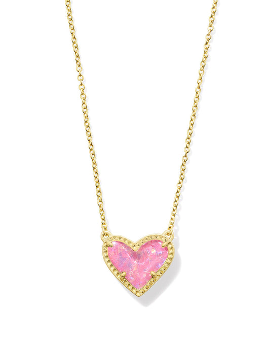 Ari Heart Short Pendant Necklace Gold Pink Iri Glitter Glass