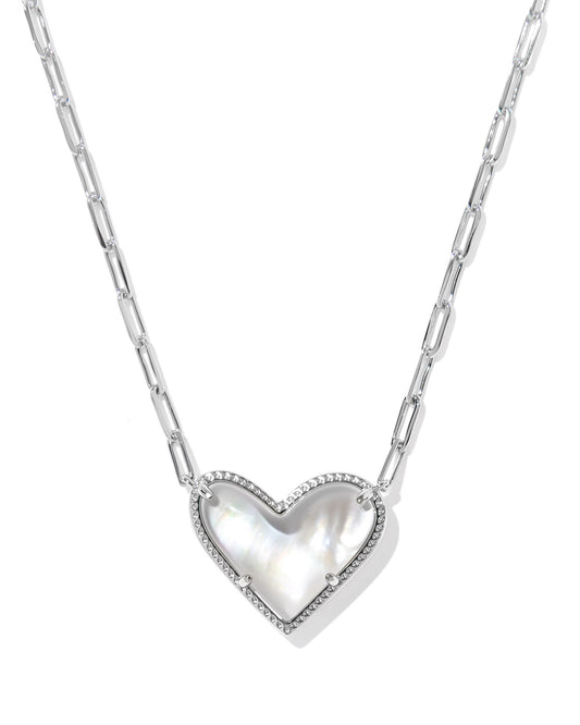 Ari Heart Statement Short Pendant Necklace Silver Ivory MOP