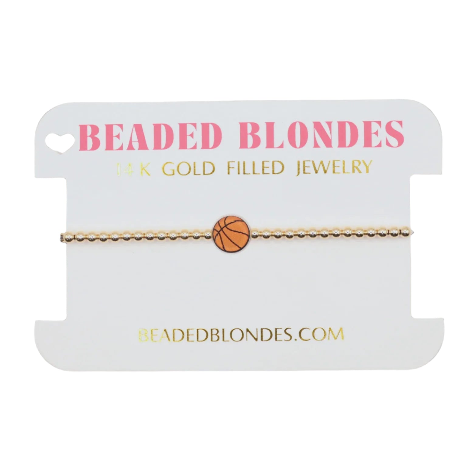 Gold bracelet with basketball charm on a 'Beaded Blondes' branded card.