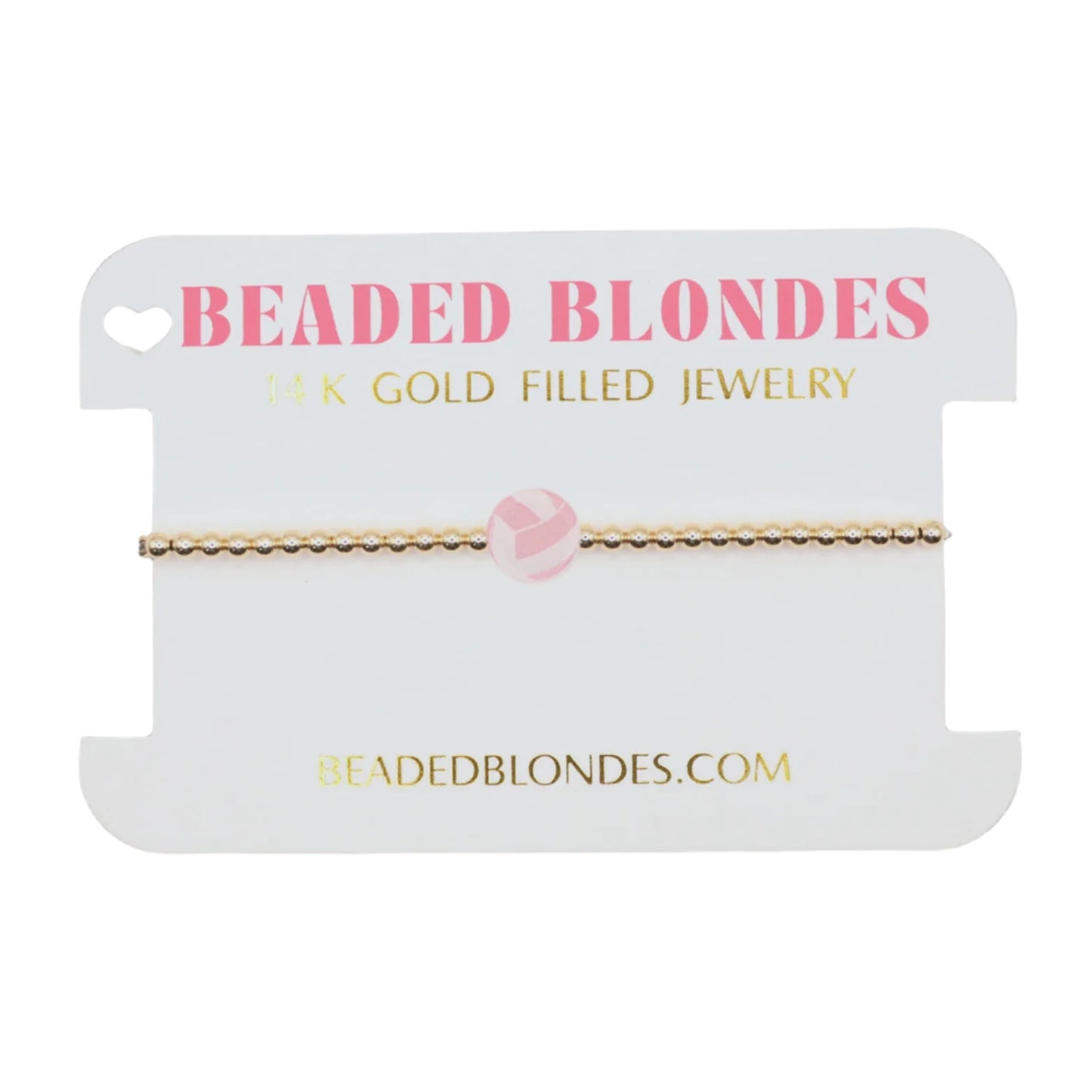 Gold beaded bracelet on a 'Beaded Blondes' branded card 