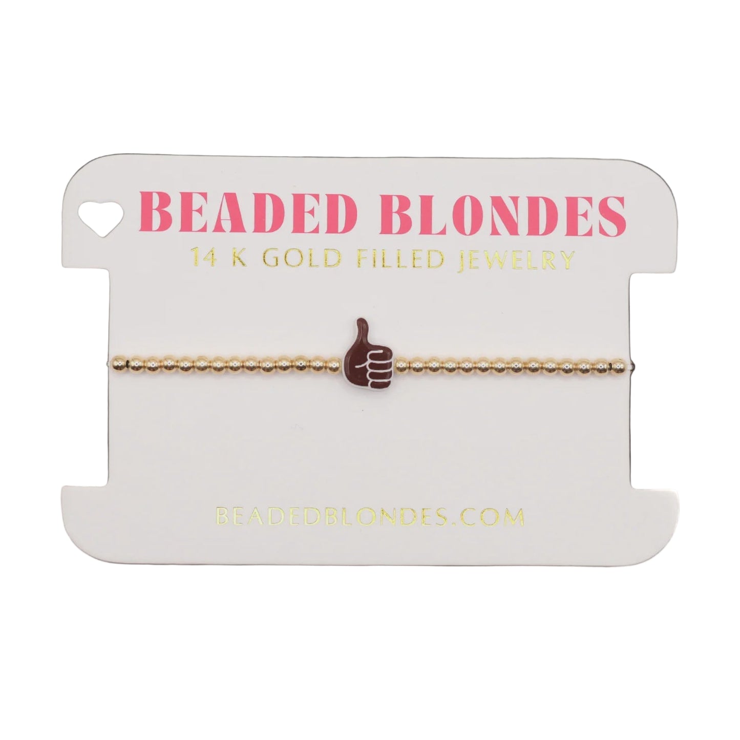 Gold bracelet on a 'Beaded Blondes' branded card with a white background
