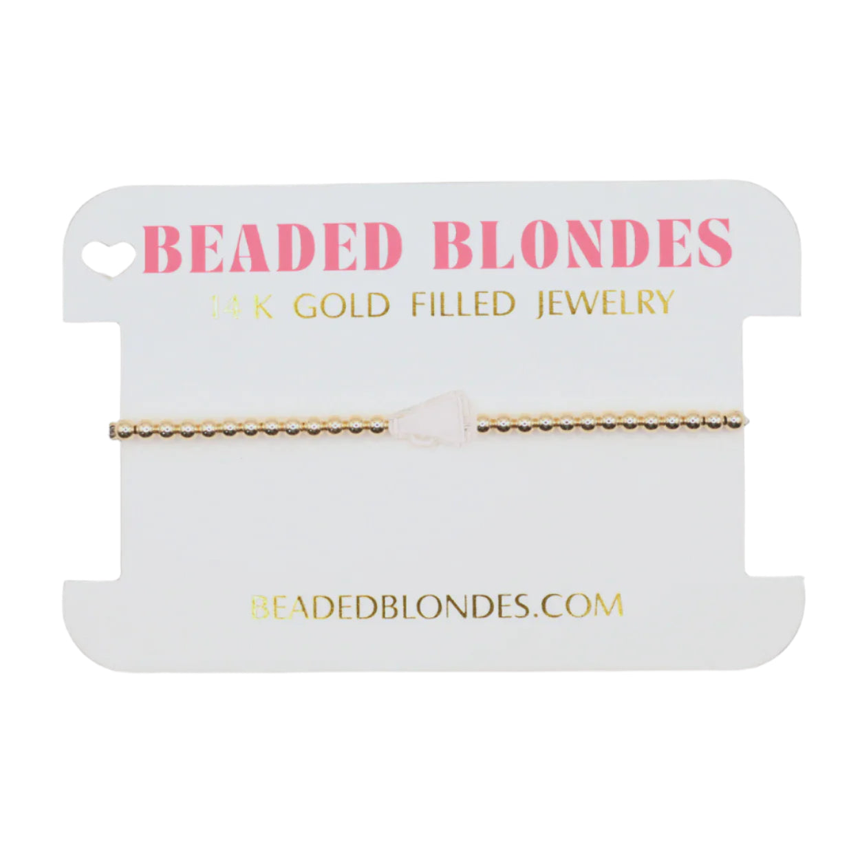 Gold beaded bracelet on a 'Beaded Blondes' branded card