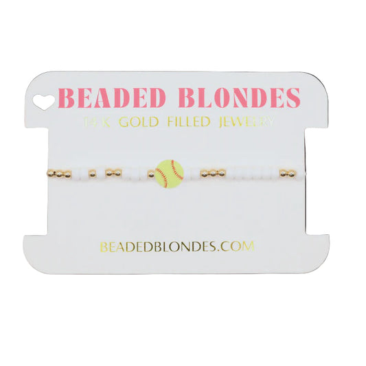 Beaded Blondes jewelry display card with a bracelet featuring a softball charm on a white background.