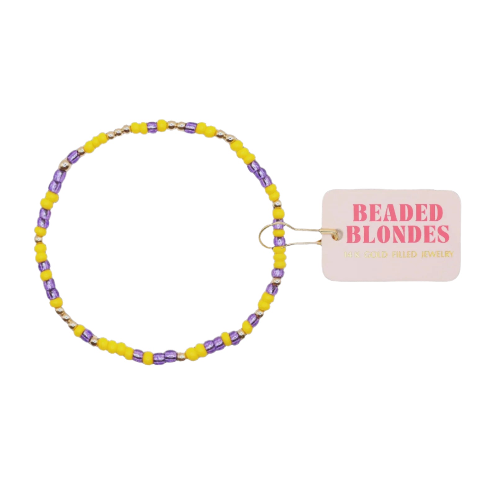 Beaded bracelet with yellow and purple beads , featuring a 'Beaded Blondes' tag.