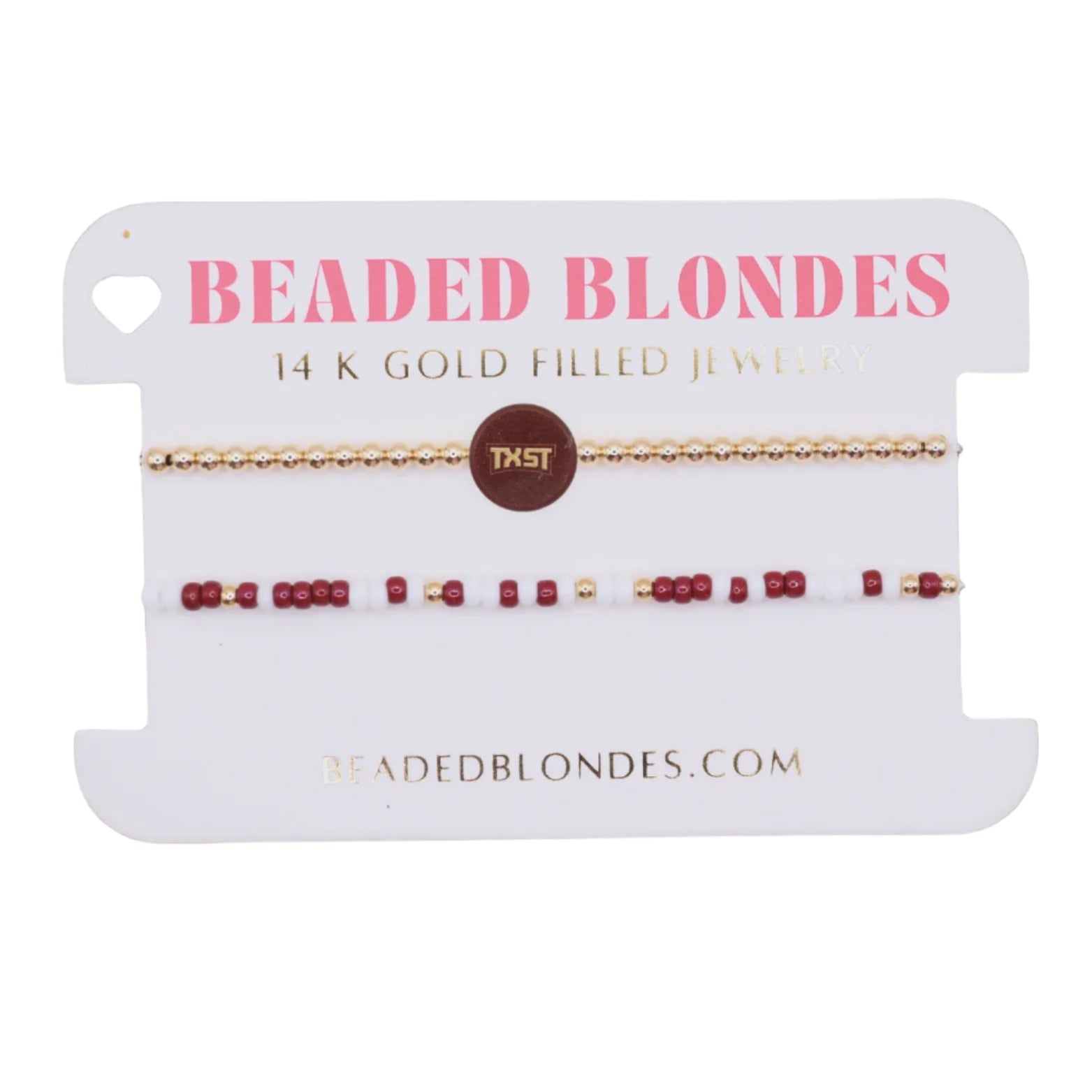 Beaded blondes jewelry card with two gold and red beaded bracelets 