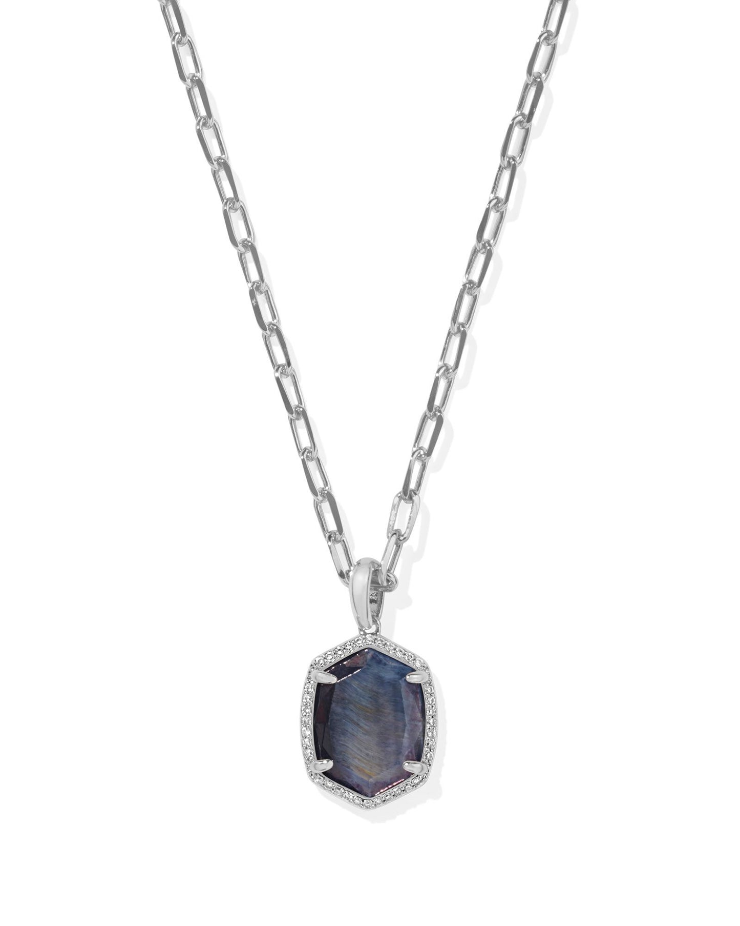 Daphne Pave Frame Short Pendant Necklace Silver Navy Tigers Eye