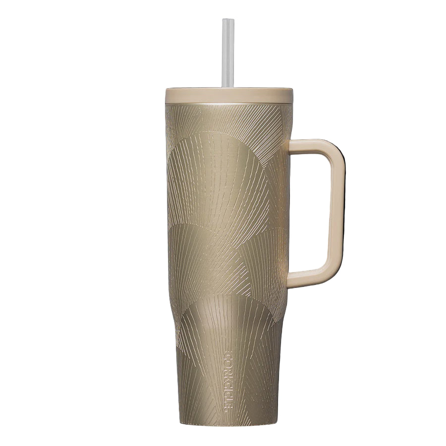 Gold insulated tumbler with handle and straw on a white background