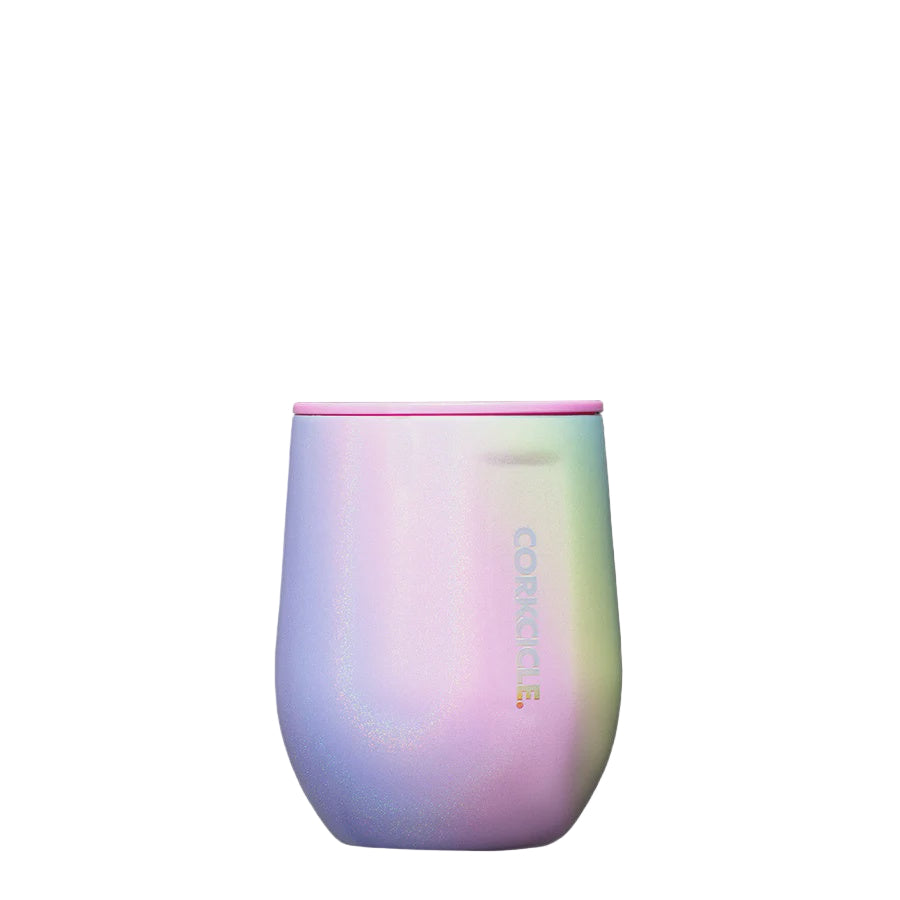 Gradient pink to green tumbler with 'Corkcicle' branding on a white background